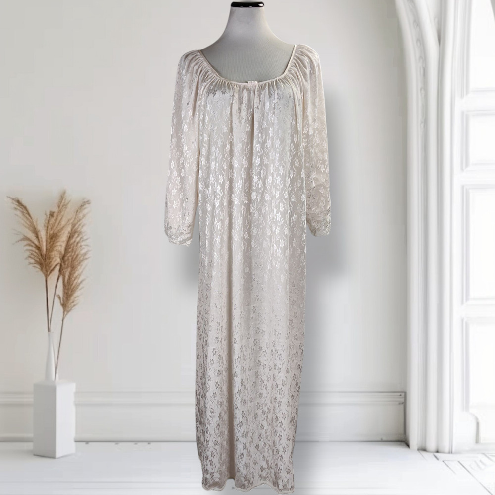 Oscar de la Renta Vintage Y2K Ivory Floral Jacquard Nightgown L XL Lace Maxi